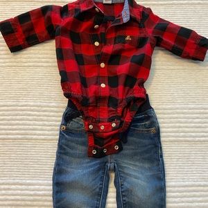 Gap Red Buffalo Plaid Flannel Shirt and Jeans, 3-6 mo